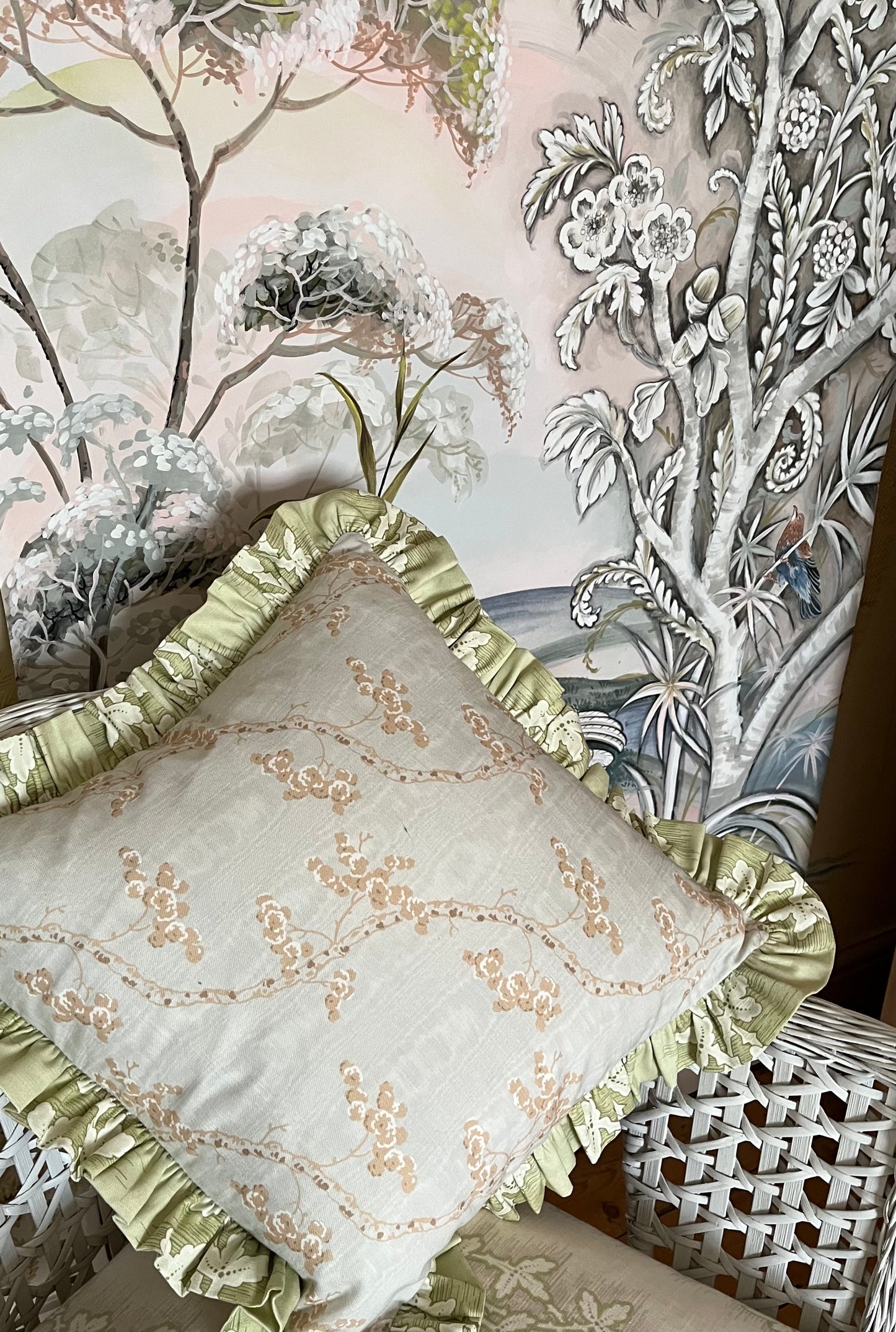 Emily's Bouquet and Dancing Alice in Pearl. Reversible small cushion cover with Summer green frill