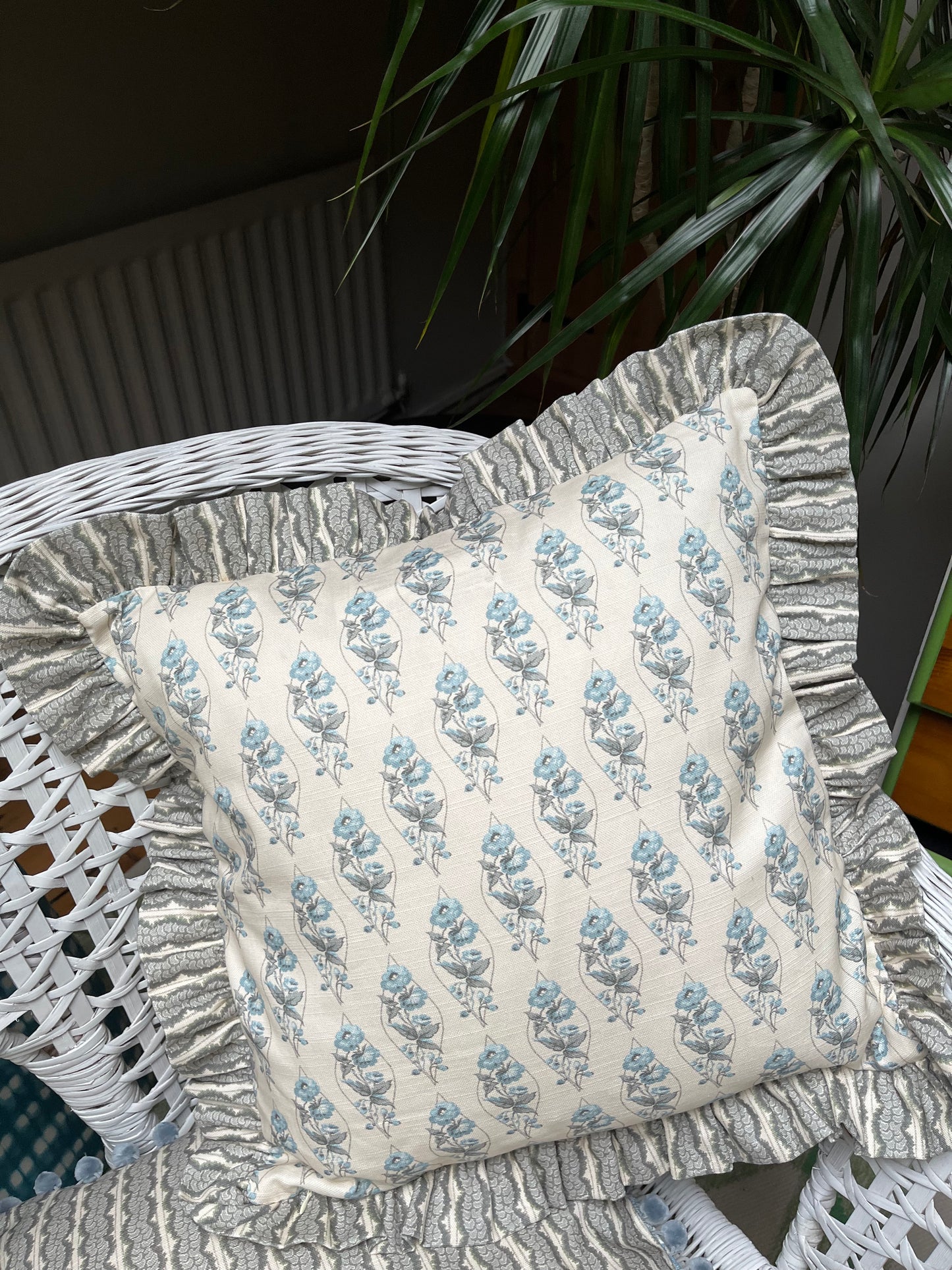 Emily's Bouquet/Cameo in blue/french grey, reversable small frilled cushion cover