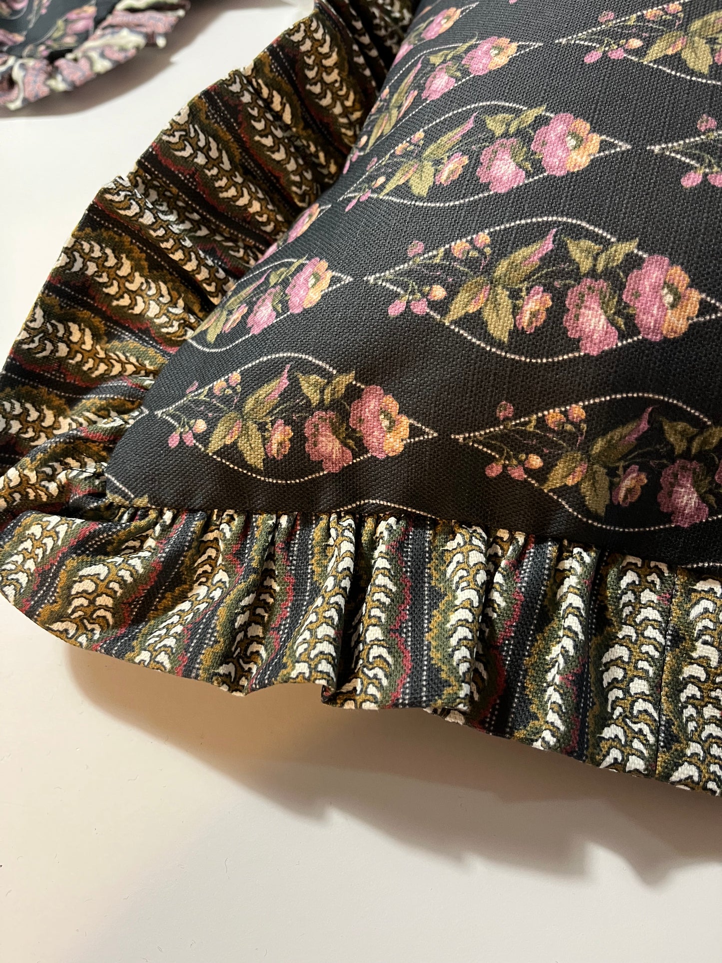Victorias Dress/Cameo in Jet. Small reversible, frilled cushion cover in cotton