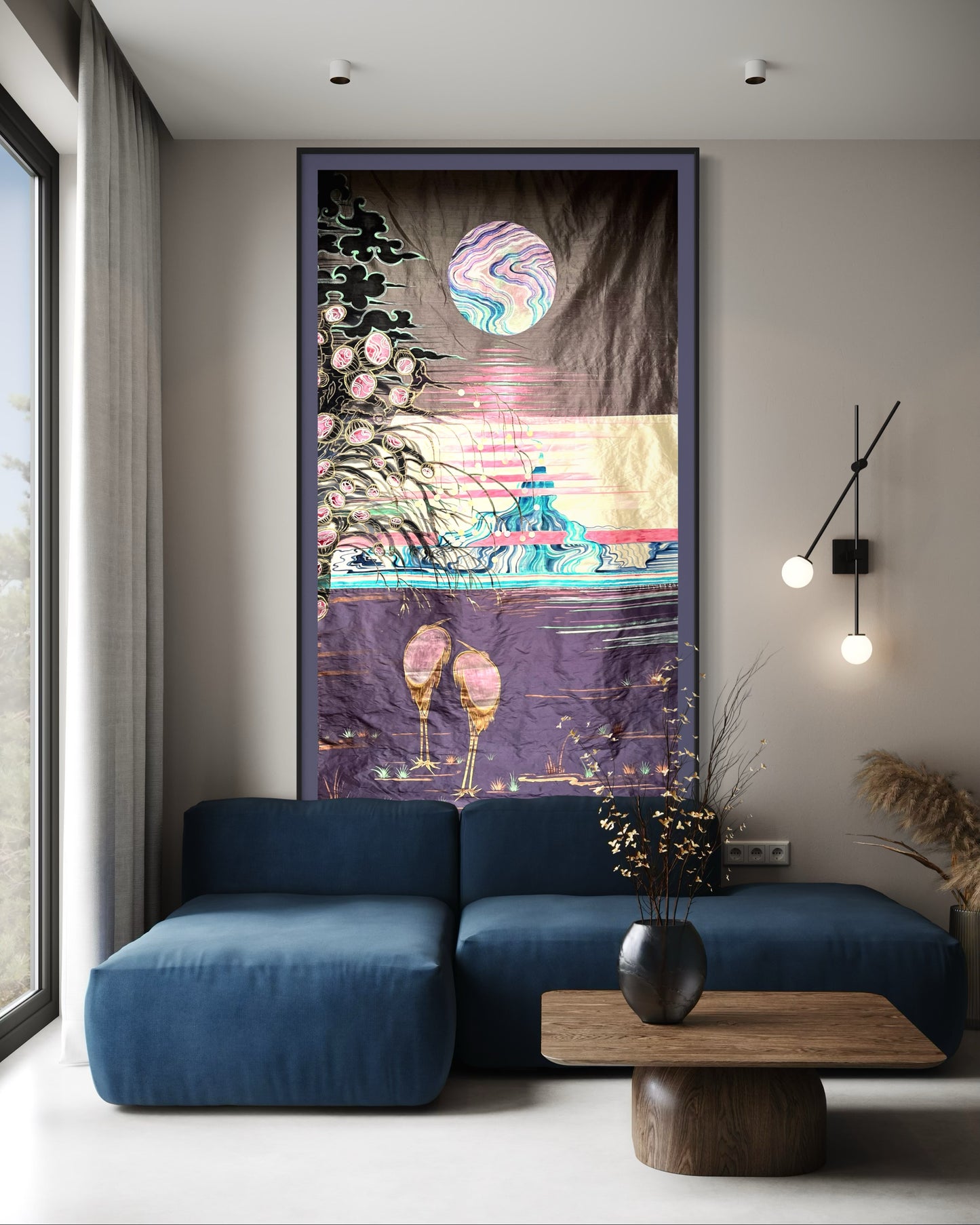 Hokusai Moon, Large hand painted silk panel, A moonlit scene Inspired by the Japanese artist & mixed with bold paint and paillettes