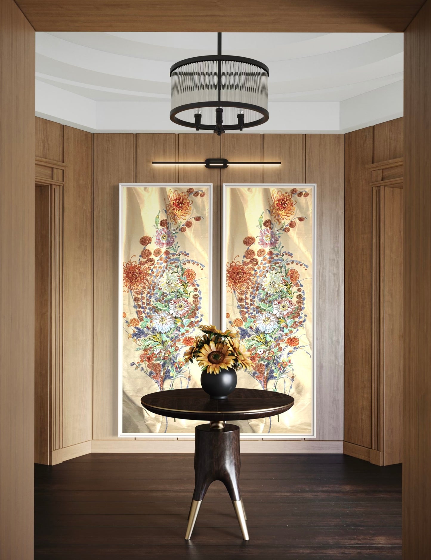 Japan Chrysanthemum, a pair of hand painted silk panels, where east meets west, combining 19th century French floral art with a Japanese flourish