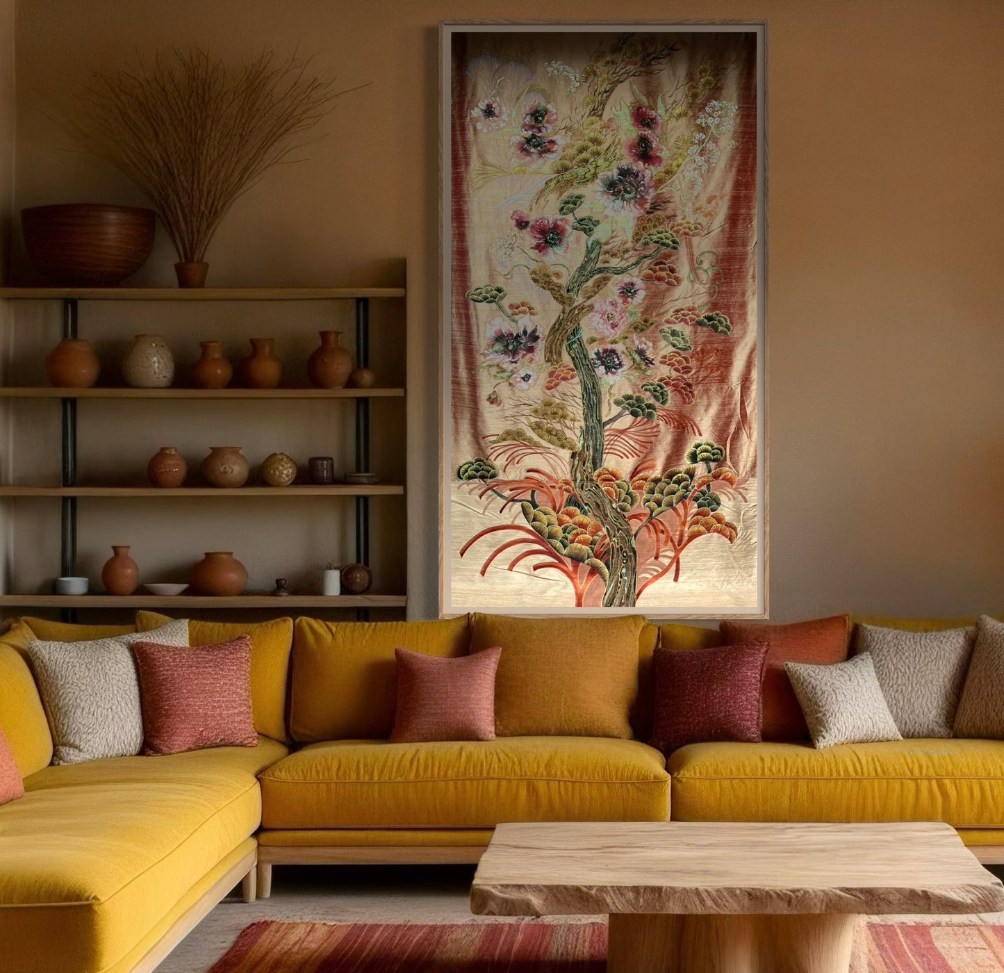 Poppy, Large hand painted silk panel, Painterly poppies, gold and bronze on a lustrous deep rose shot silk.