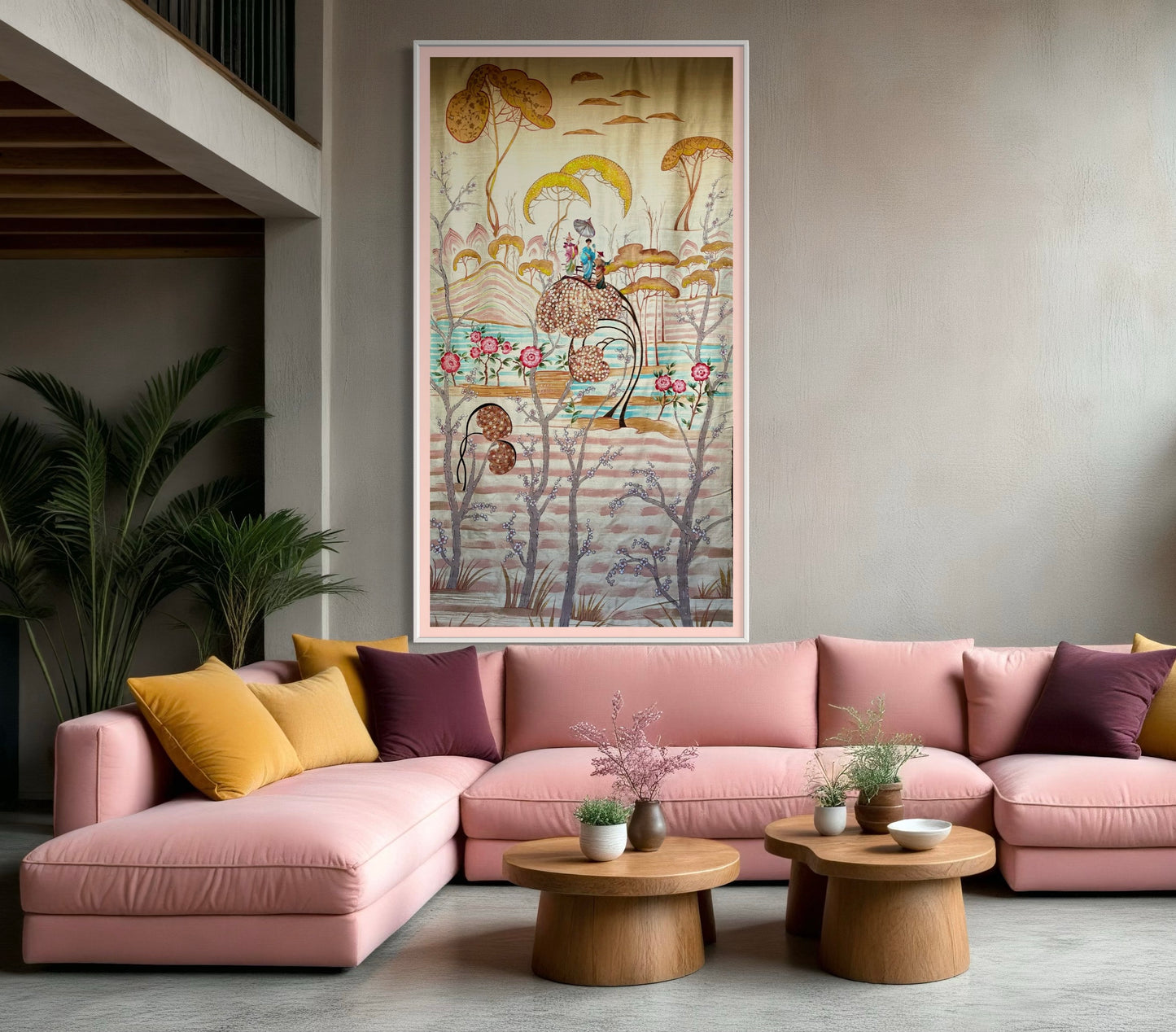 Garden Party, Large hand painted raw silk panel, Art Deco Chinoiserie with a touch of surreal humour.