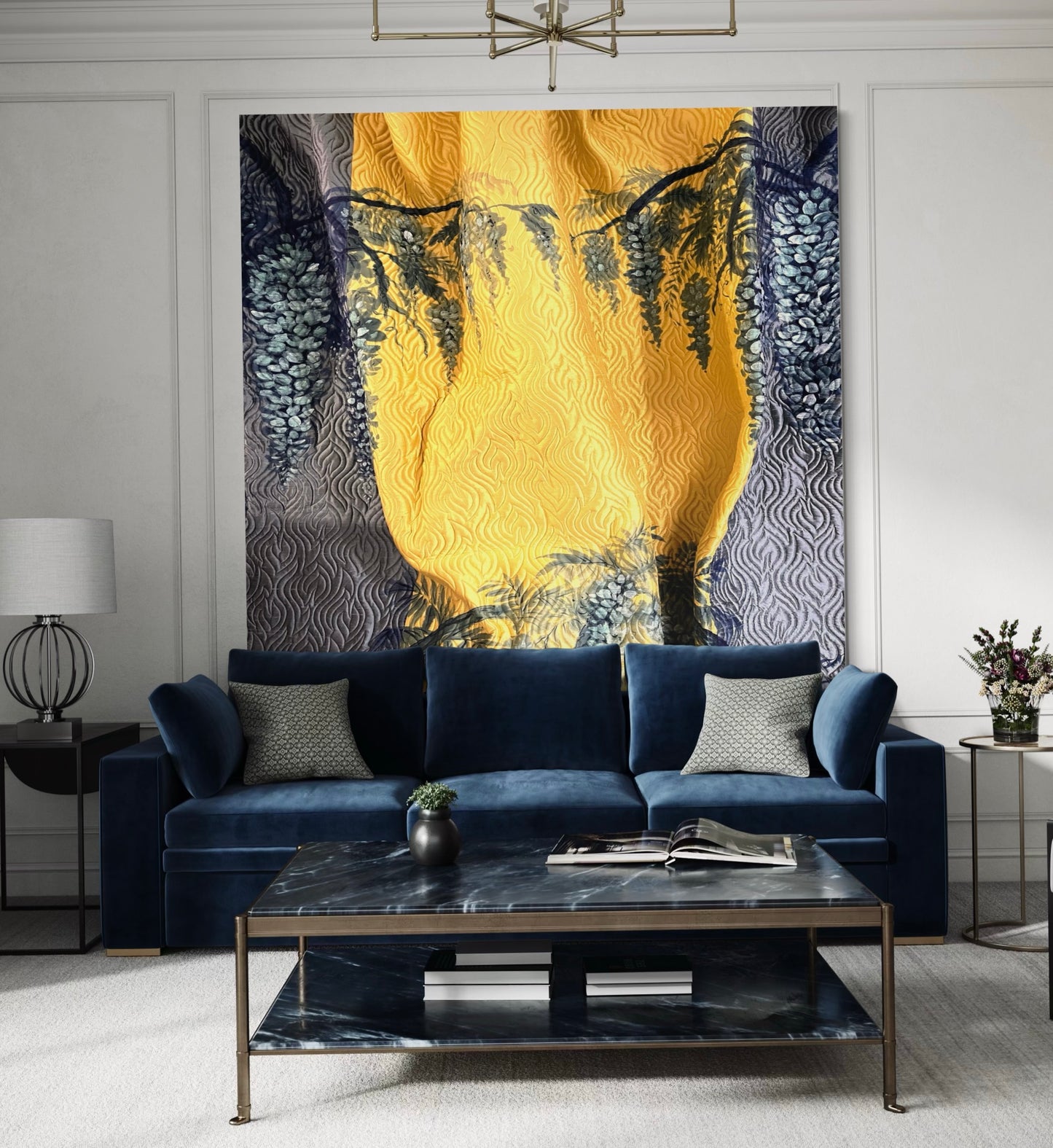 Fuji Wisteria, A pair of hand painted, quilted  and silver embellished silk panels. As bed throws or wallhangings