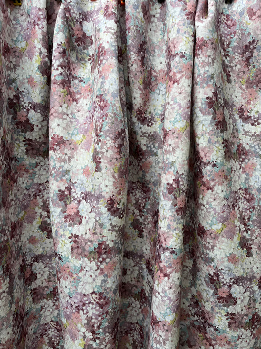Joy Blossom in Breeze, printed on premium linen. A pretty carpet of lilac blossoms