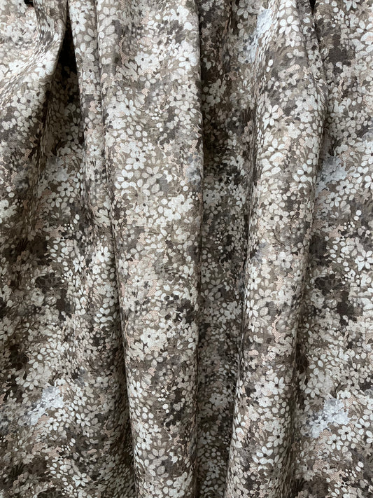 Joy Blossom in Capuccino, printed on premium linen. A pretty carpet of lilac blossoms