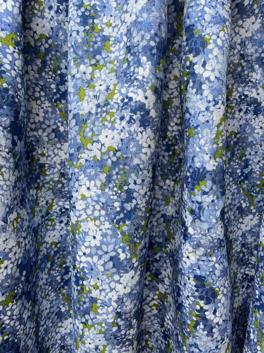 Joy Blossom in Midnight Forest, printed on premium linen. A pretty carpet of lilac blossoms