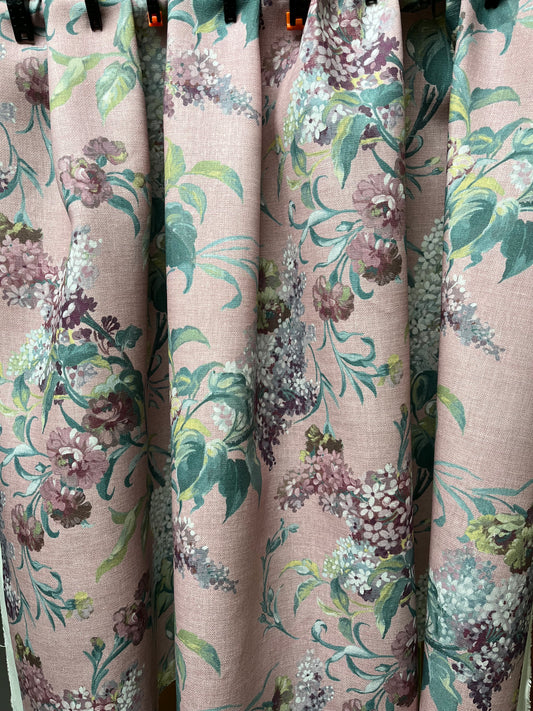 Joy Linen in Rose Mist, printed on premium linen. A flamboyant exuberant and joyous floral.