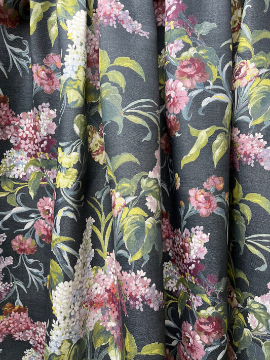 Joy Linen in Nocturnal, printed on premium linen. A flamboyant exuberant and joyous floral.