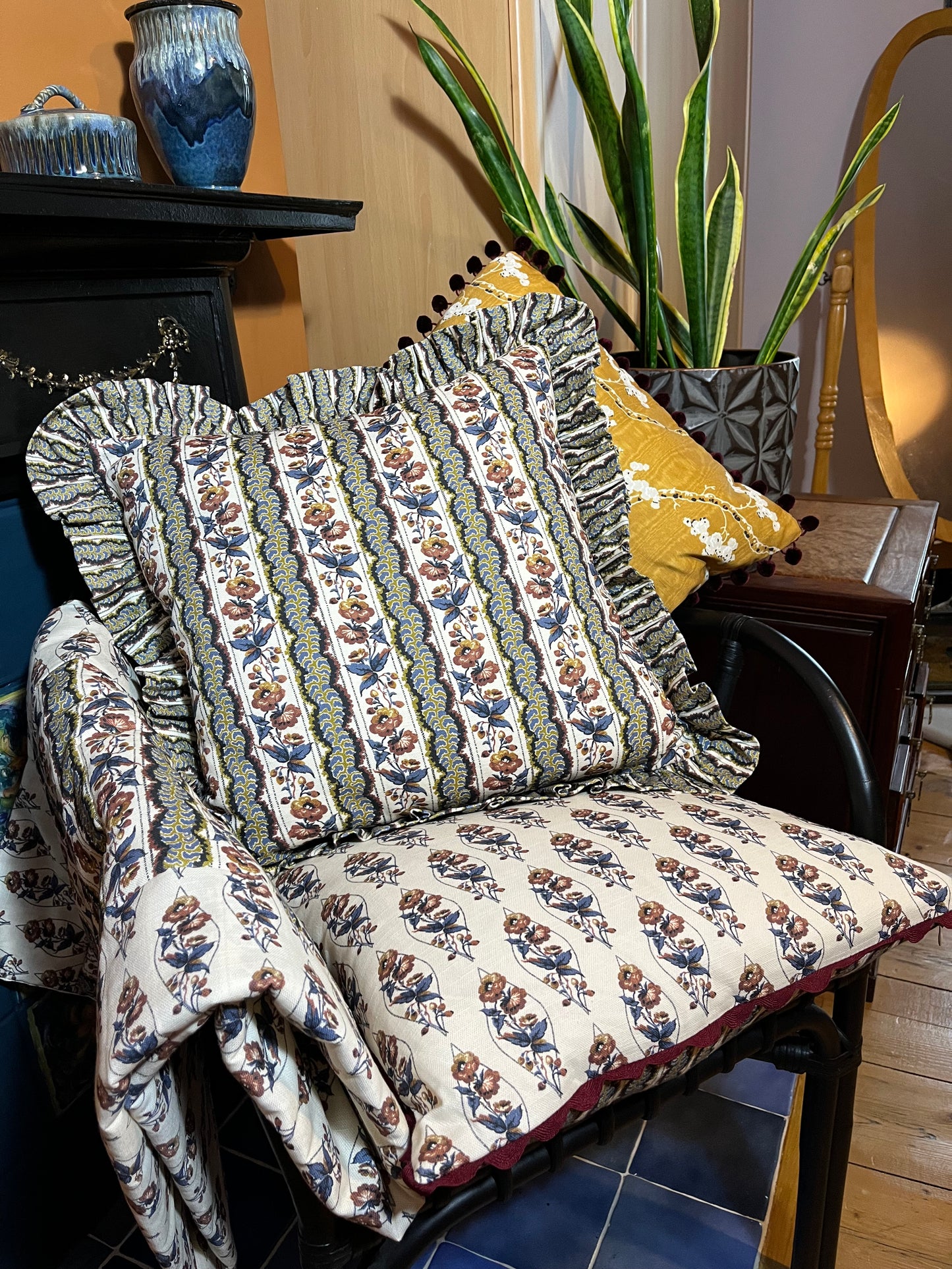 Cameo/Pressed Fern in Ink. Reversible small cushion cover in cotton trimmed with burgundy rice rac