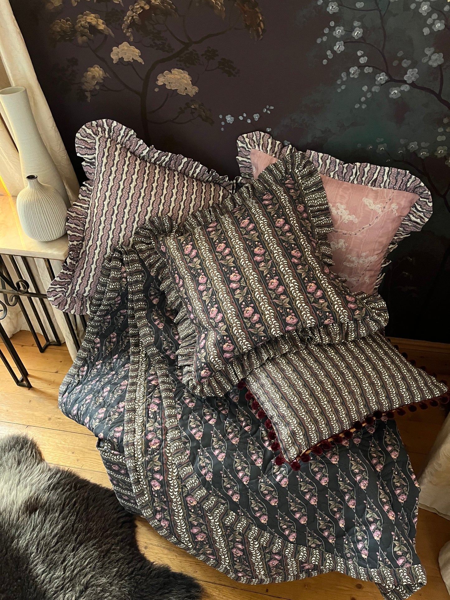 Dancing Alice/Moire in Ashen Rose and Jet colours. Reversible, frilled, small cushion cover in cotton