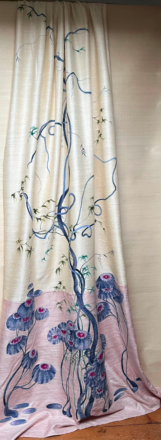 Clarice, Large hand painted silk panel, inspired by art deco stylised florals with a Japanese twist