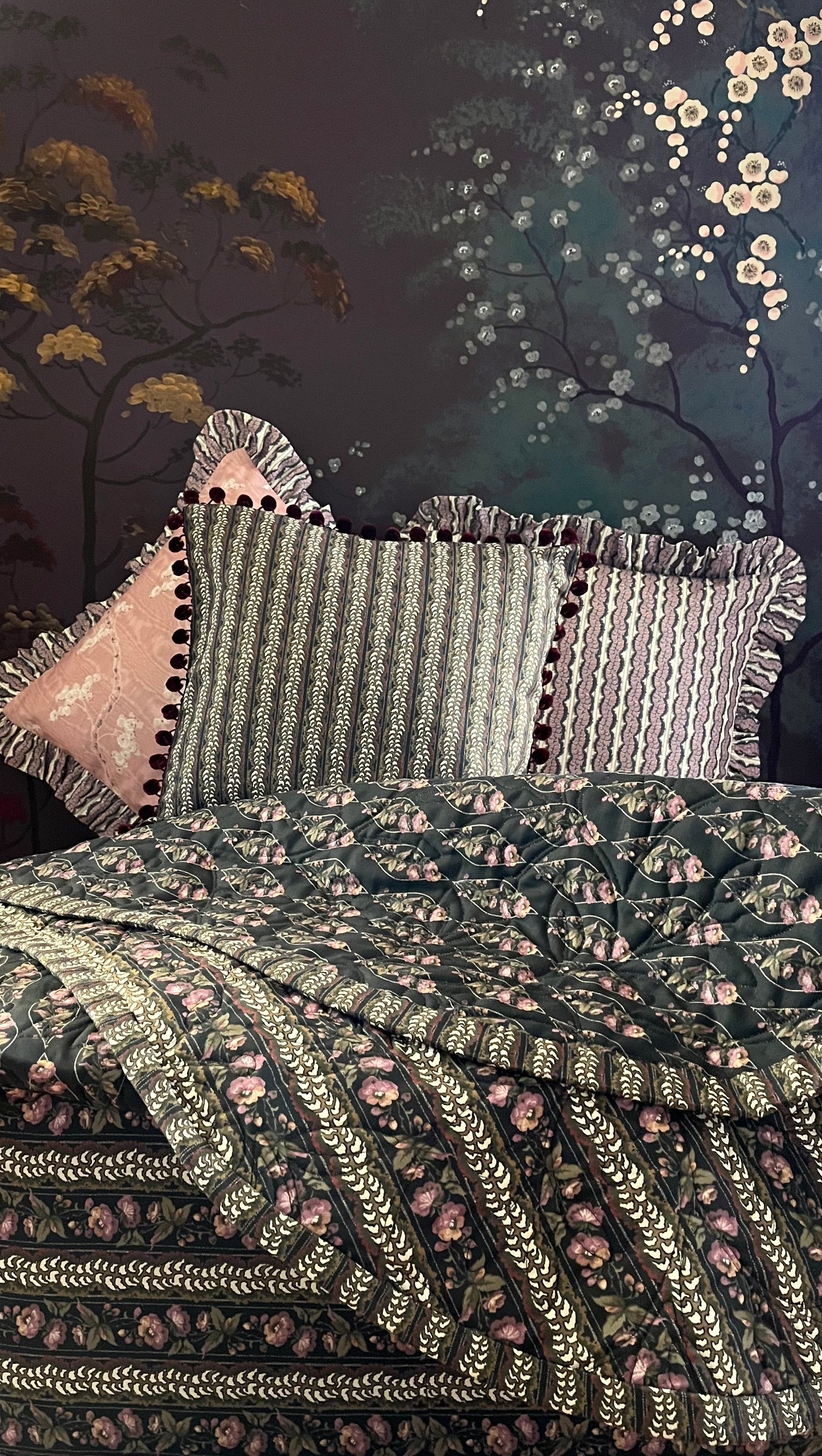 Cameo/Pressed Fern in Jet/Ashen rose colours. Small reversible frilled, cushion cover in cotton