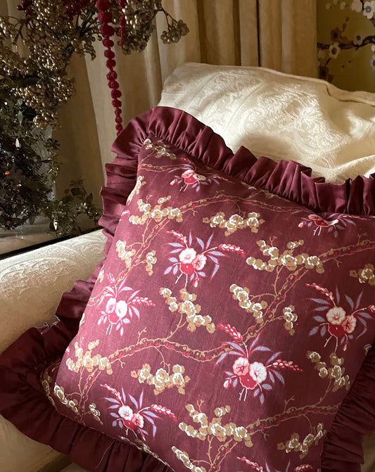 Emily's Bouquet and Dancing Alice in Madder red. Small reversible frilled cushion in cotton.