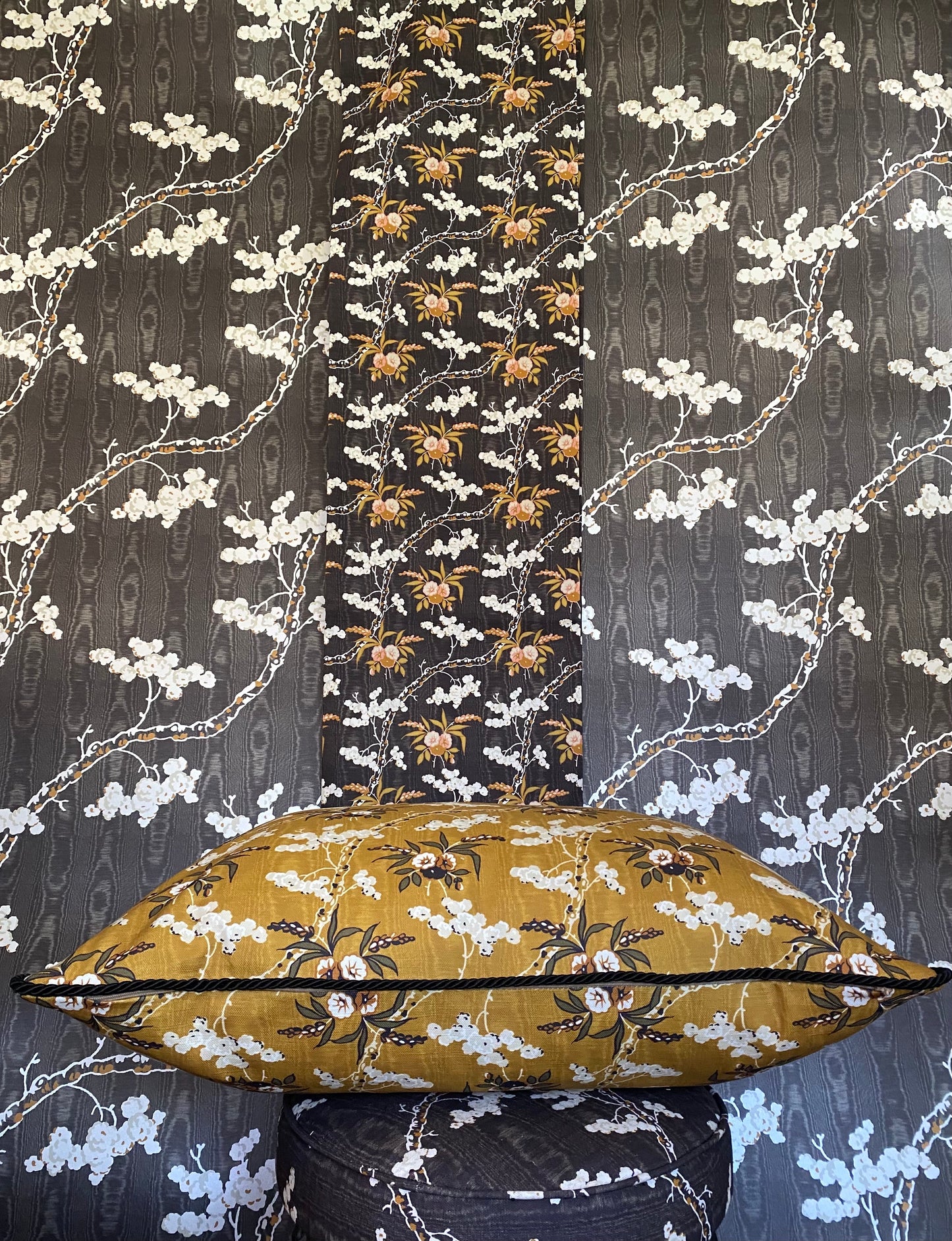 Emily's Bouquet in gold. Extra large cushion cover trimmed in black cord.