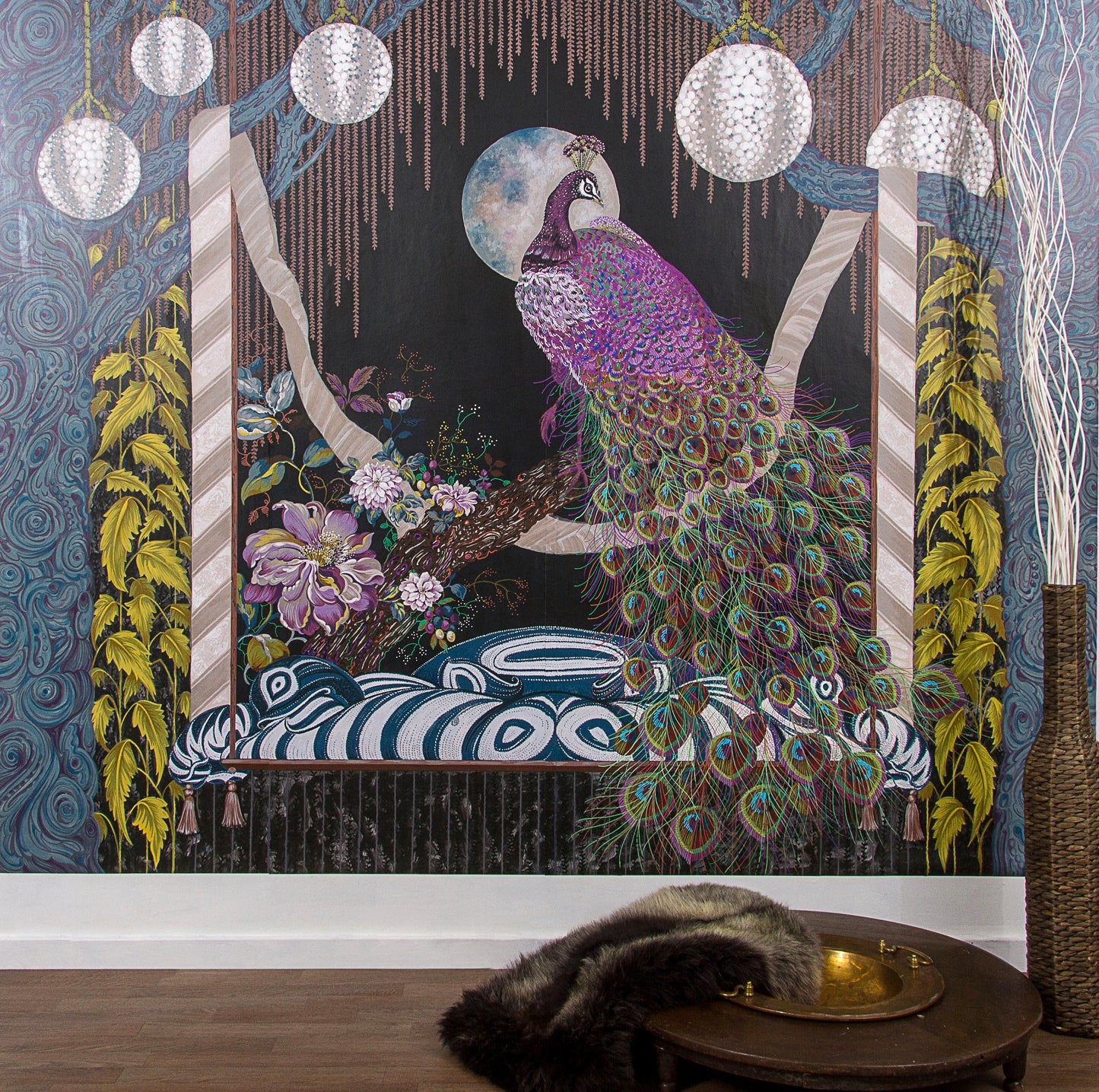 Nocturnal Peacock, Highly decorative printed velvet cushion cover. Multi colours on a black background.