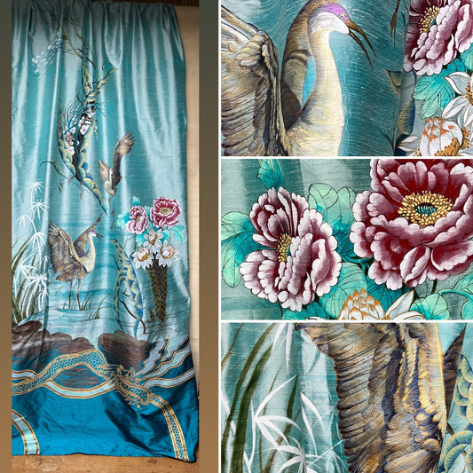 Soaring, Hand painted large silk panel, chinoiserie, style, birds, peonies, bamboo and blossom