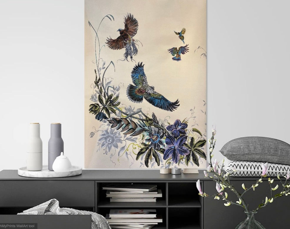 Hand painted silk wallpaper panel. Bird of paradise and Passion Flower