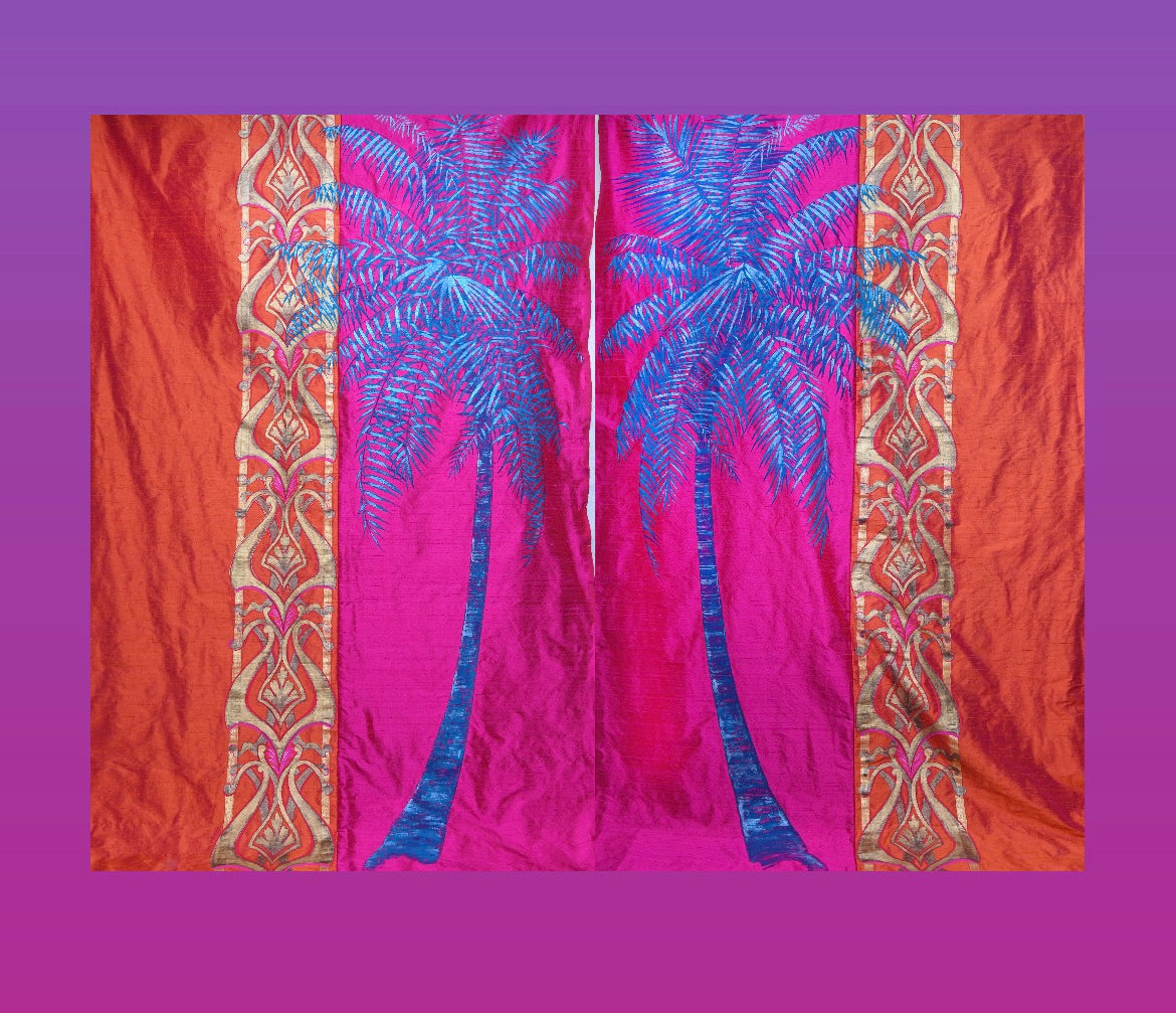 Tropical Palms, 1 pair of hand painted silk panels in hot pink & burnt orange