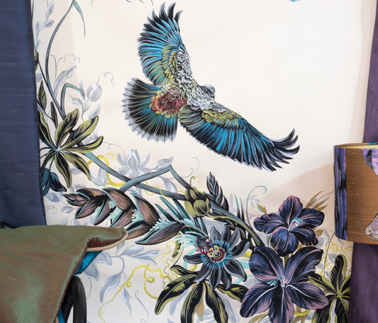 Hand painted silk wallpaper panel. Bird of paradise and Passion Flower