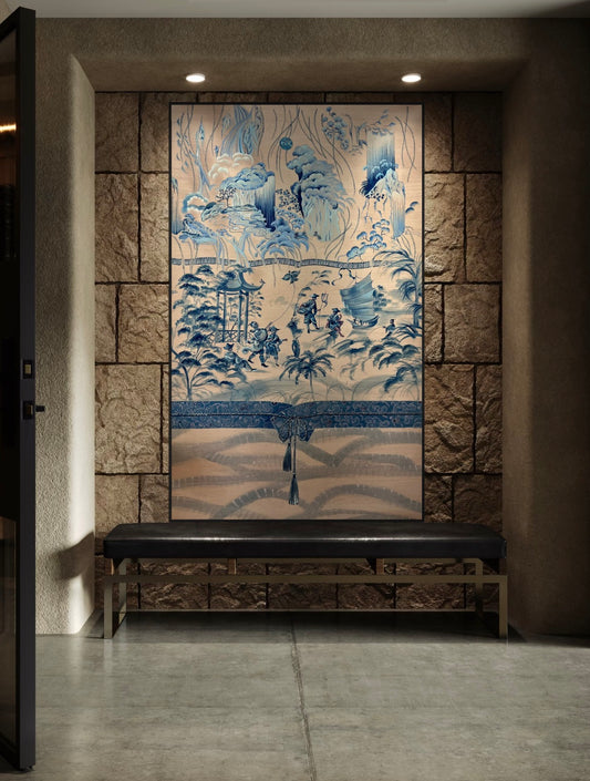 Obi - Large hand painted blue/pink wallpaper panel