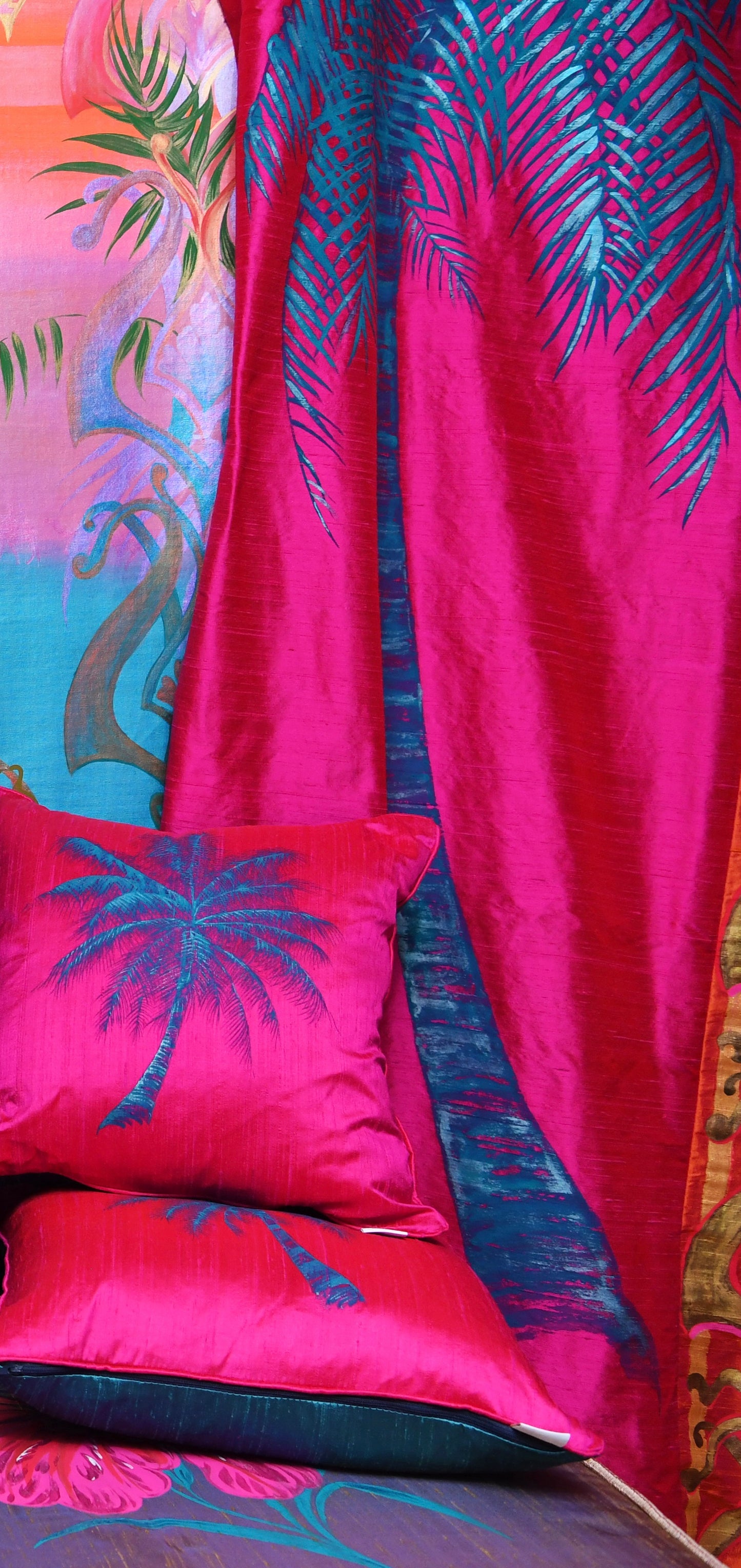 Tropical Palms, 1 pair of hand painted silk panels in hot pink & burnt orange