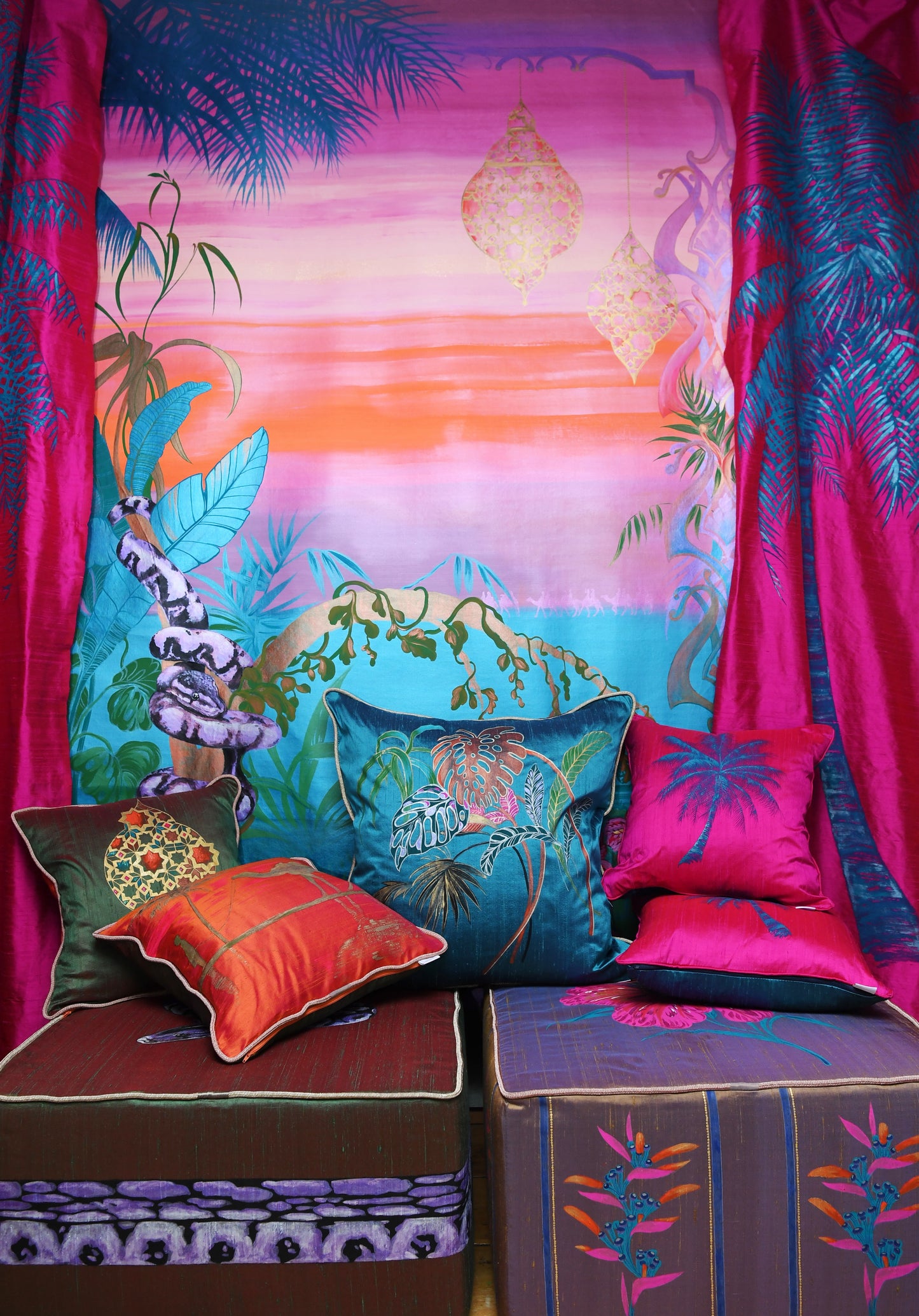 Tropical Palms, 1 pair of hand painted silk panels in hot pink & burnt orange