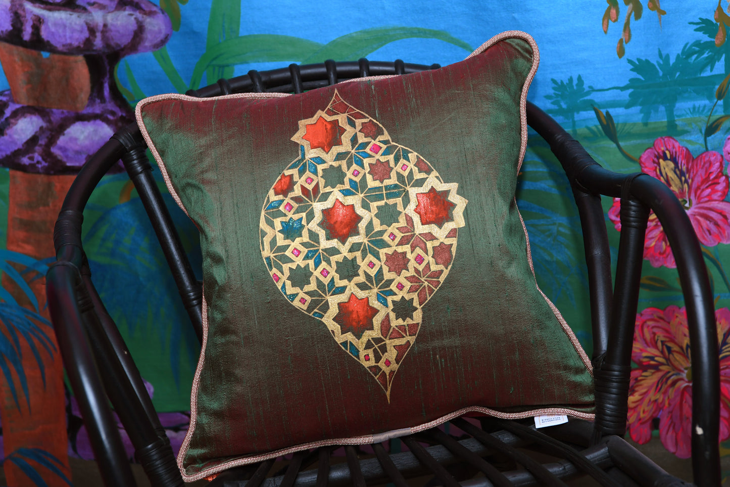 Moroccan lantern artisan hand painted small silk cushion cover.