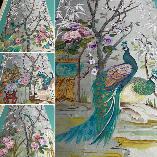 Chinoiserie Wallpaper panels, set of 4 hand painted on paper backed silk.