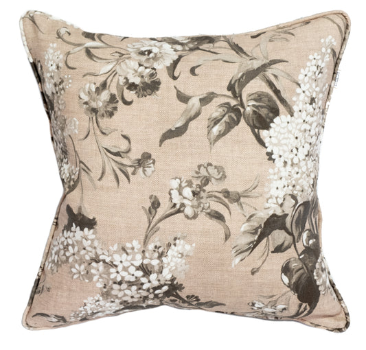 Joy and Blossom cushion in Cappuccino. Premium Irish Linen. 18" complete with Luxury Feather Filling.