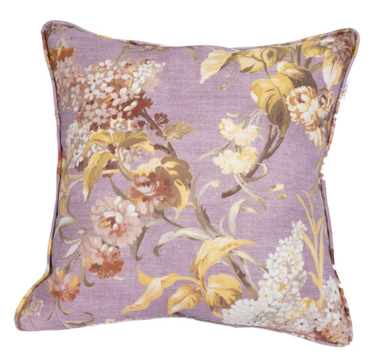 Joy and Blossom Reversible cushion in Autumn violet. Premium Irish Linen. 18" complete with Luxury Feather Filling