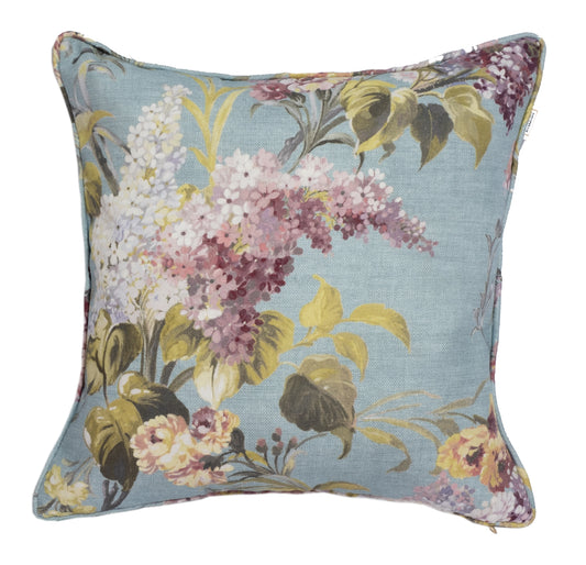 Joy and Blossom Reversible cushion in Summer Breeze Blue. Premium Irish Linen. 18", complete with Luxury Feather filling