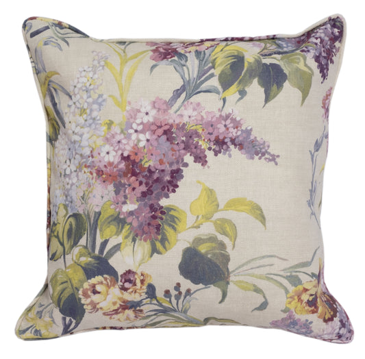 Joy Cushion, reversible in Clotted Cream and Breeze blue Blossom. Premium Irish Linen, 18" with luxury feather filling