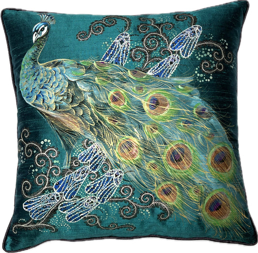 New! Peacock artisan hand painted small silk cushion with feather inner