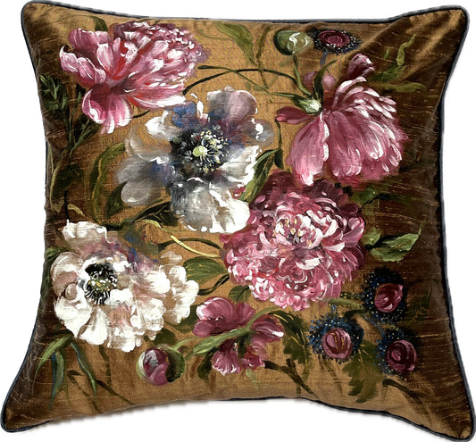 New! Poppy flowers artisan hand painted small silk cushion with feather inner