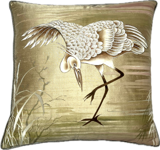 New! Golden Crane Artisan hand painted small silk cushion with feather inner