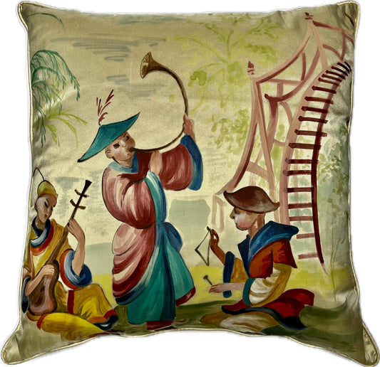 New! Minstrel figurative chinoiserie, artisan hand painted small silk cushion with feather inner