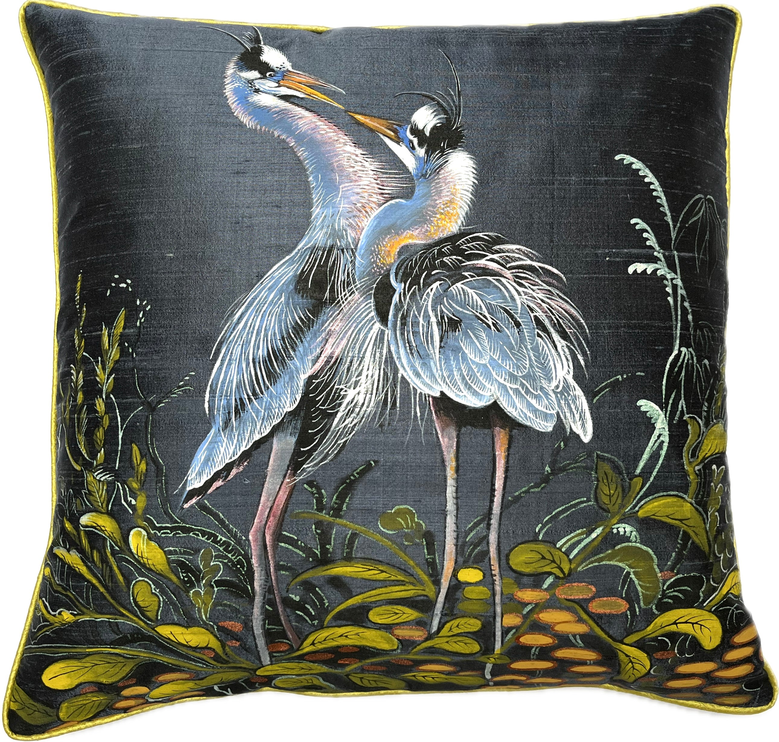 New Indigo Heron artisan hand painted small silk cushion with feather English Decoratives Originals