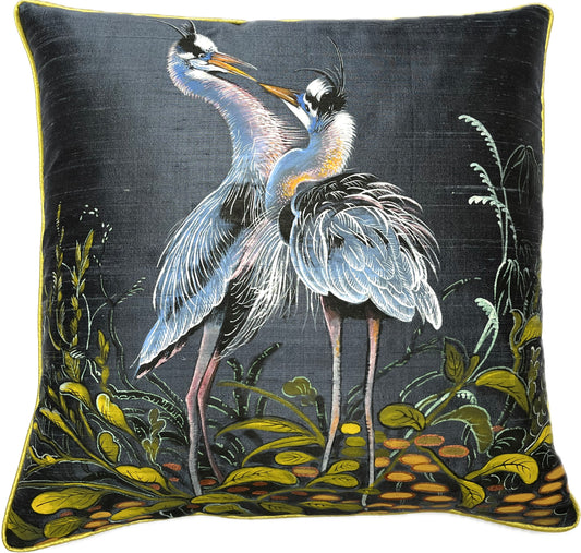 New! Indigo Heron artisan hand painted small silk cushion with feather inner