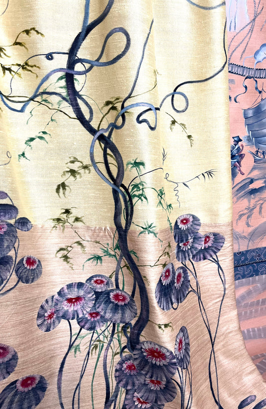 Clarice Drape, Large hand painted silk panel, inspired by art deco stylised florals with a Japanese twist