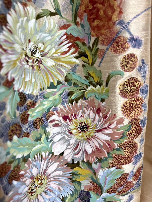 Japan Chrysanthemum, a pair of hand painted silk panel drapes, where east meets west, combining 19th century French floral art with a Japanese flourish