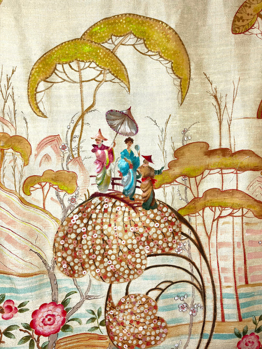 Garden Party, Large hand painted raw silk panel, Art Deco Chinoiserie with a touch of surreal humour.