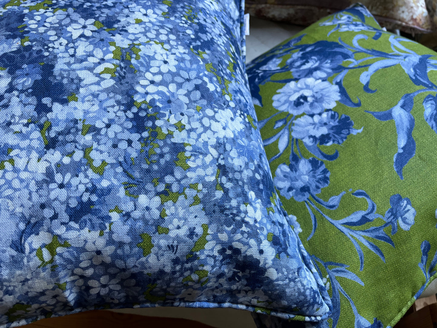 Joy and Blossom, reversible cushion in Midnight Forest. Premium Irish Linen. 18" complete with luxury feather filling