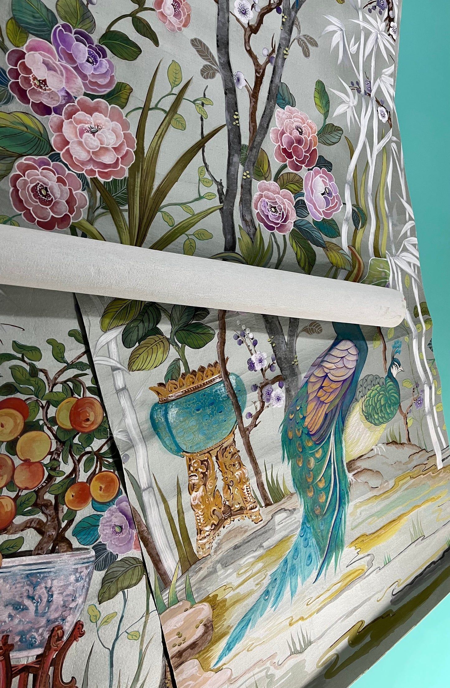 Chinoiserie Wallpaper panels, set of 4 hand painted on paper backed silk.