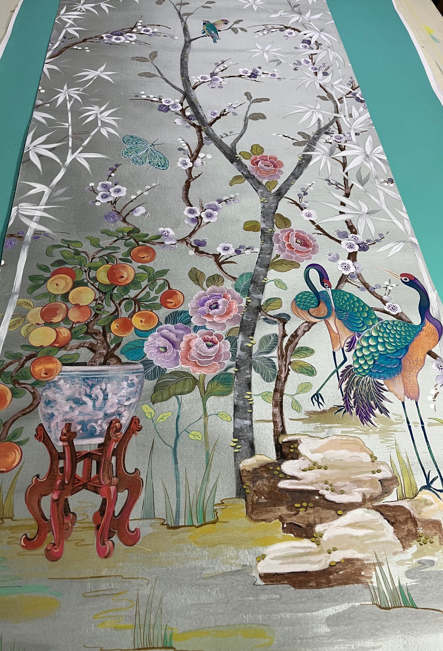 Chinoiserie Wallpaper panels, set of 4 hand painted on paper backed silk.