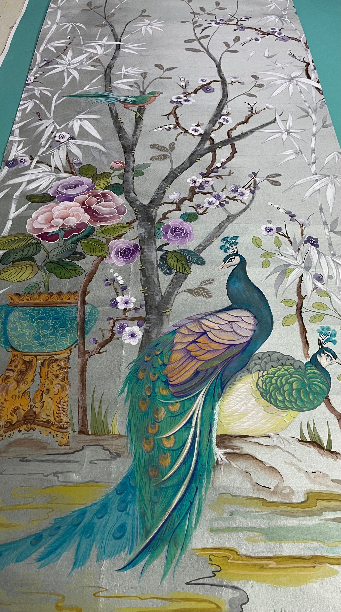 Chinoiserie Wallpaper panels, set of 4 hand painted on paper backed silk.