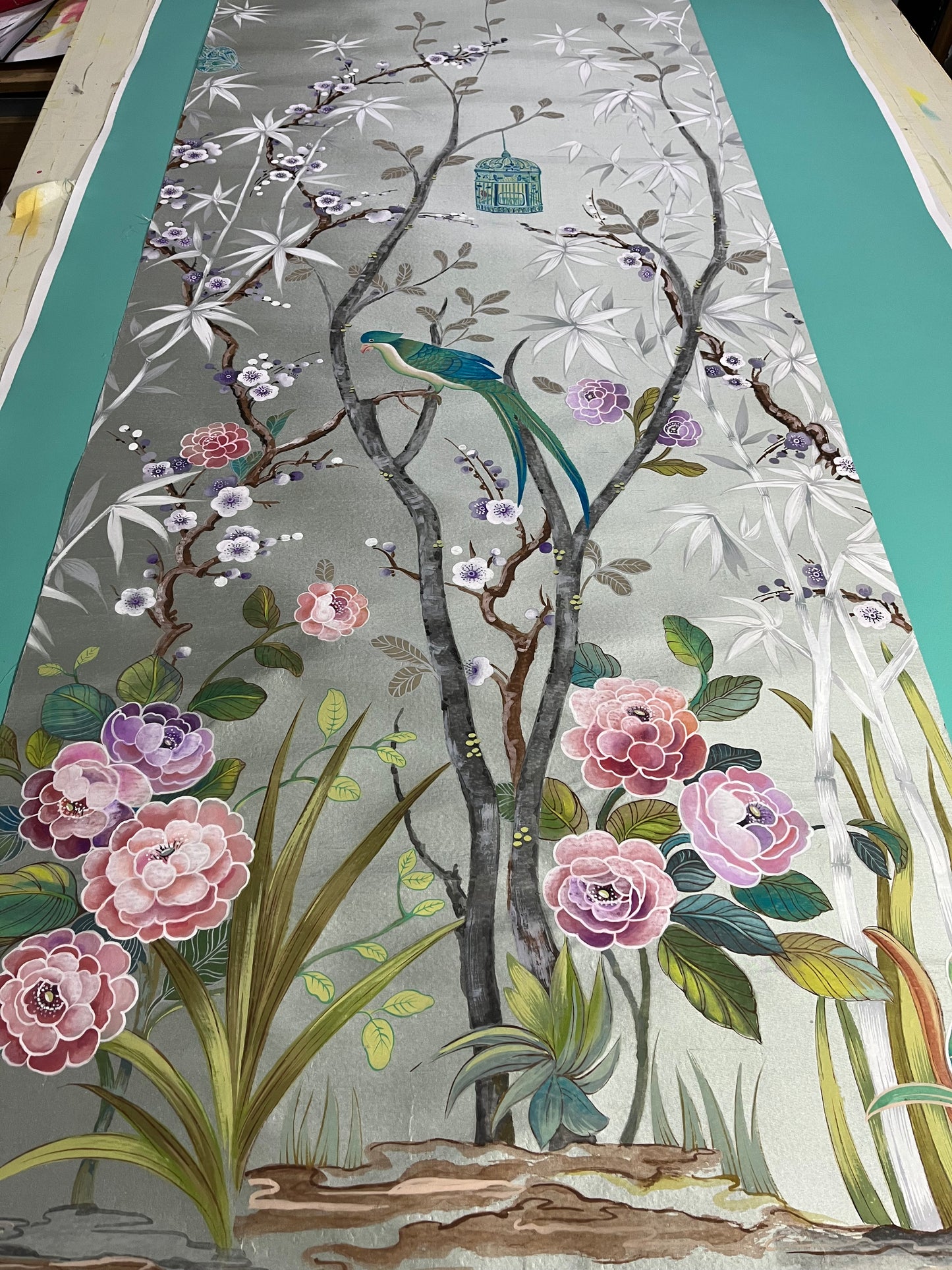 Chinoiserie Wallpaper panels, set of 4 hand painted on paper backed silk.