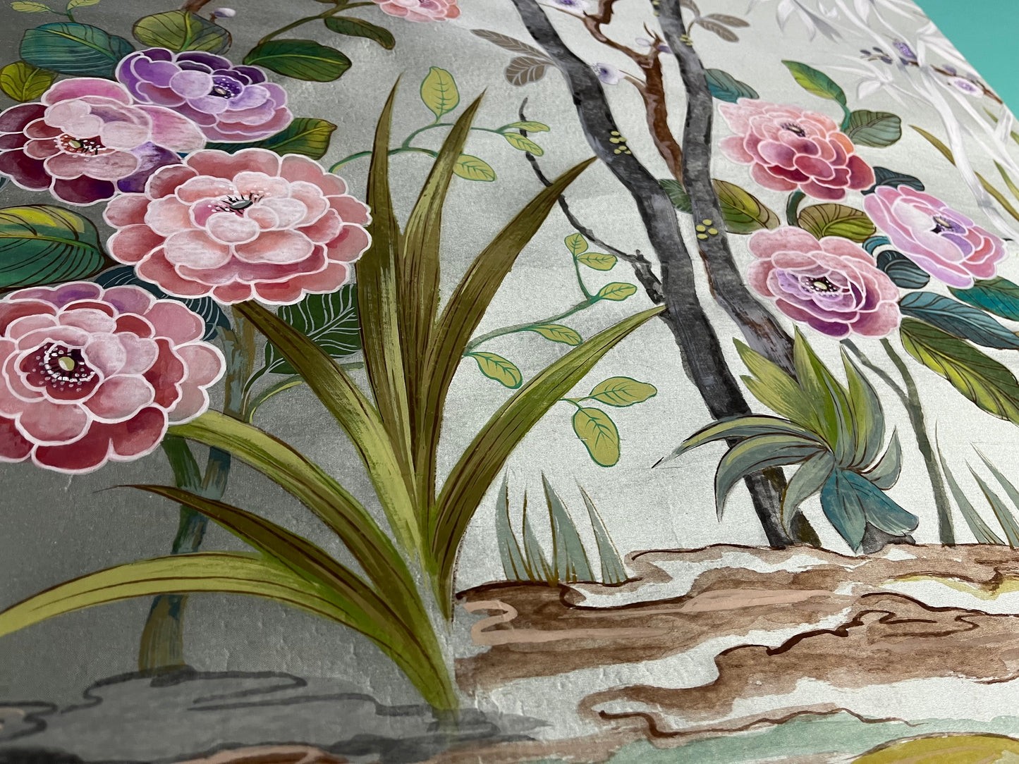 Chinoiserie Wallpaper panels, set of 4 hand painted on paper backed silk.