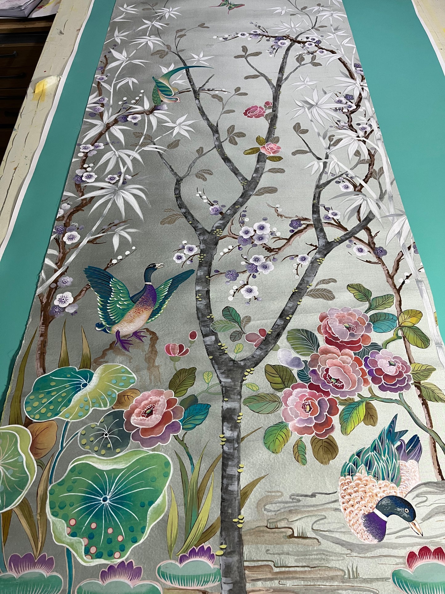 Chinoiserie Wallpaper panels, set of 4 hand painted on paper backed silk.