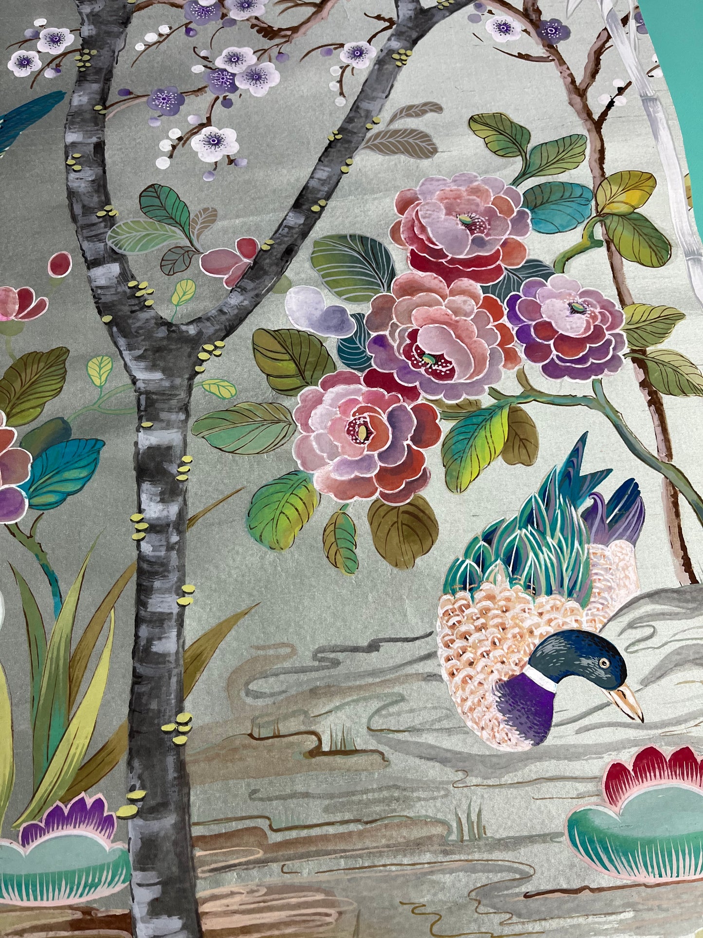 Chinoiserie Wallpaper panels, set of 4 hand painted on paper backed silk.